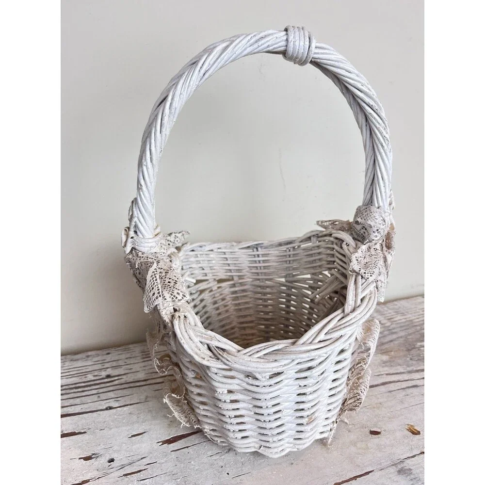 Vintage Shabby White Wicker Rosette Accent Lace Bowed Wicker Cottage Basket 13”